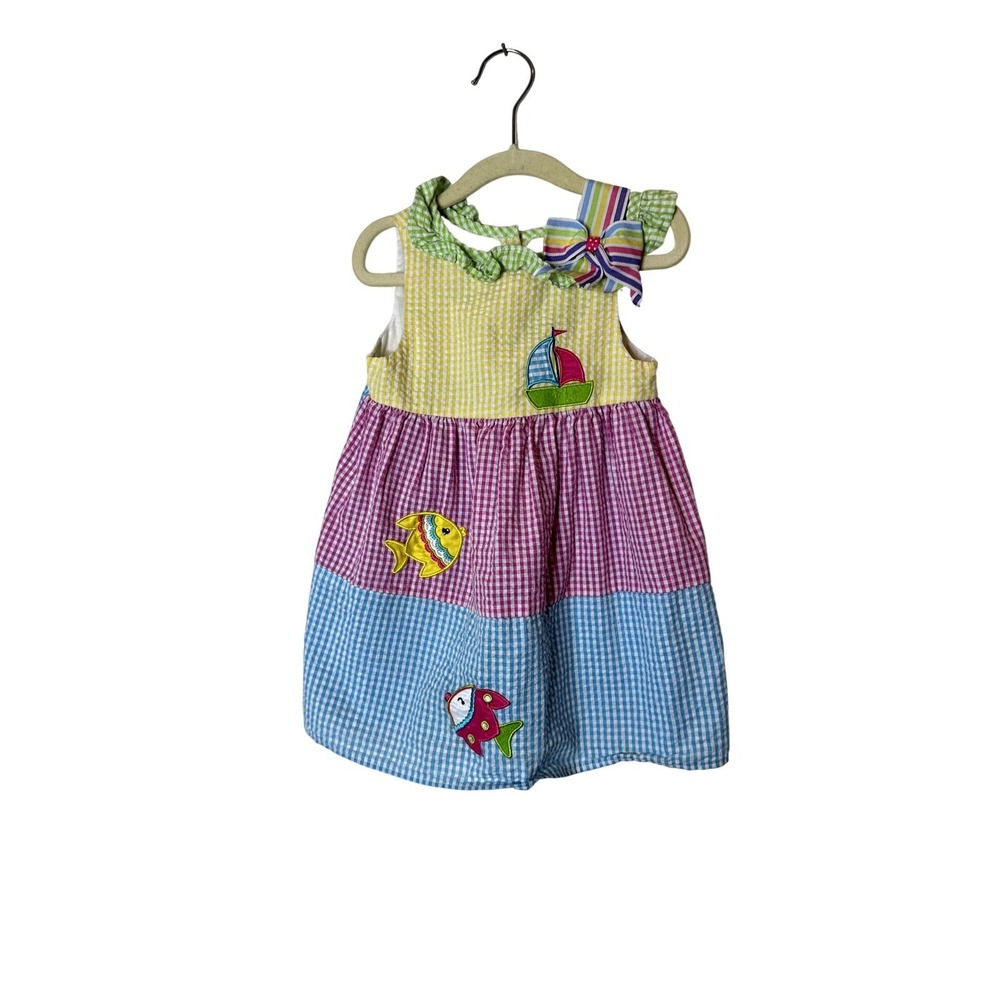 Rare Editions Dress Girls 18-24 Months Multicolor Gingham Fish Sailboat Bow